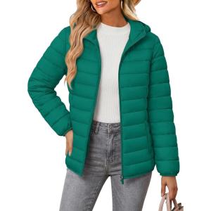 image:imageMAGCOMSEN Womens Hooded Puffer Jacket Lightweight Quilted Padded Coat 4 Pockets Zipup Winter Warm OuterwearEmerald Green
