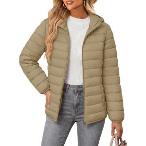 image:imageMAGCOMSEN Womens Hooded Puffer Jacket Lightweight Quilted Padded Coat 4 Pockets Zipup Winter Warm OuterwearKhaki