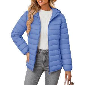 image:imageMAGCOMSEN Womens Hooded Puffer Jacket Lightweight Quilted Padded Coat 4 Pockets Zipup Winter Warm OuterwearLight Blue