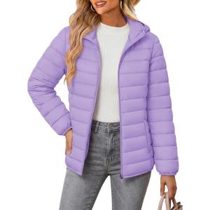 image:imageMAGCOMSEN Womens Hooded Puffer Jacket Lightweight Quilted Padded Coat 4 Pockets Zipup Winter Warm OuterwearLight Purple