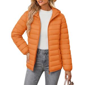 image:imageMAGCOMSEN Womens Hooded Puffer Jacket Lightweight Quilted Padded Coat 4 Pockets Zipup Winter Warm OuterwearOrange