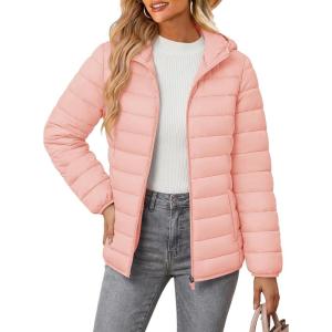 image:imageMAGCOMSEN Womens Hooded Puffer Jacket Lightweight Quilted Padded Coat 4 Pockets Zipup Winter Warm OuterwearPink