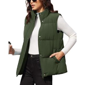 image:imageMAGCOMSEN Womens Puffer Down Vest Oversized Zip Up Outerwear Lightweight Winter Padded Gilet Jacket with PocketsArmy Green