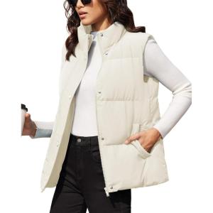 image:imageMAGCOMSEN Womens Puffer Down Vest Oversized Zip Up Outerwear Lightweight Winter Padded Gilet Jacket with PocketsBeige