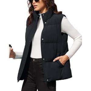 image:imageMAGCOMSEN Womens Puffer Down Vest Oversized Zip Up Outerwear Lightweight Winter Padded Gilet Jacket with PocketsBlack