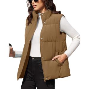image:imageMAGCOMSEN Womens Puffer Down Vest Oversized Zip Up Outerwear Lightweight Winter Padded Gilet Jacket with PocketsBrown