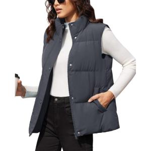image:imageMAGCOMSEN Womens Puffer Down Vest Oversized Zip Up Outerwear Lightweight Winter Padded Gilet Jacket with PocketsDark Grey