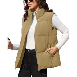 image:imageMAGCOMSEN Womens Puffer Down Vest Oversized Zip Up Outerwear Lightweight Winter Padded Gilet Jacket with PocketsKhaki