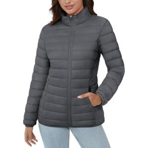 image:imageMAGCOMSEN Womens Puffer Jacket Lightweight Quilted Padded 4 Pockets Zipup Standcollar Winter Fleece CoatDark Grey