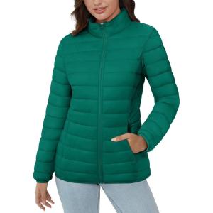 image:imageMAGCOMSEN Womens Puffer Jacket Lightweight Quilted Padded 4 Pockets Zipup Standcollar Winter Fleece CoatEmerald Green