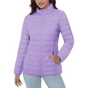image:imageMAGCOMSEN Womens Puffer Jacket Lightweight Quilted Padded 4 Pockets Zipup Standcollar Winter Fleece CoatLight Purple
