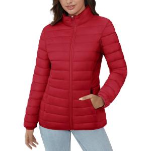 image:imageMAGCOMSEN Womens Puffer Jacket Lightweight Quilted Padded 4 Pockets Zipup Standcollar Winter Fleece CoatTomato Red