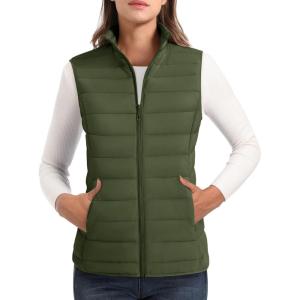 image:imageMAGCOMSEN Womens Puffer Vest Lightweight Stand Collar Zip 4 Pockets Puffy Vests Sleeveless Quilted Padded OuterwearArmy Green