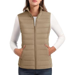 image:imageMAGCOMSEN Womens Puffer Vest Lightweight Stand Collar Zip 4 Pockets Puffy Vests Sleeveless Quilted Padded OuterwearKhaki