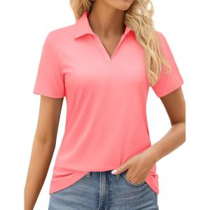 image:imageMAGCOMSEN Womens Golf Shirts Short Sleeve Polo Collared Shirt V Neck Quick Dry Sun Protection UPF 50 Tennis TopPink