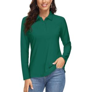 image:imageMAGCOMSEN Womens Long Sleeve Polo Shirts UPF 50 Golf Tops Moisture Wicking Collared Shirt Tennis 3ButtonEmerald Green