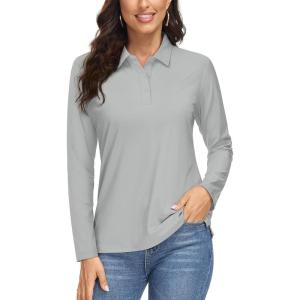 image:imageMAGCOMSEN Womens Long Sleeve Polo Shirts UPF 50 Golf Tops Moisture Wicking Collared Shirt Tennis 3ButtonLight Grey
