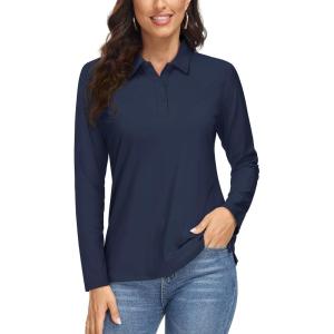 image:imageMAGCOMSEN Womens Long Sleeve Polo Shirts UPF 50 Golf Tops Moisture Wicking Collared Shirt Tennis 3ButtonNavy