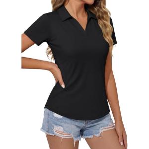 image:imageMAGCOMSEN Womens Polo Shirts Short Sleeve Golf Tops Quick Dry UPF 50 V Neck Collared Tennis Athletic T ShirtsBlack