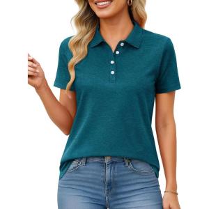 image:imageMAGCOMSEN Womens Polo Shirts Short Sleeve Quick Dry Golf TShirts Collared Golf Tops for Work Casual 4 ButtonsPeacock Blue