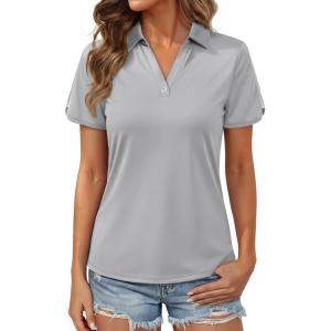 image:imageMAGCOMSEN Womens Polo Shirts Short Sleeve UPF 50 Sun Protection Golf Shirt V Neck Collared Tops Dry FitLight Grey