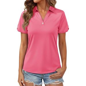 image:imageMAGCOMSEN Womens Polo Shirts Short Sleeve UPF 50 Sun Protection Golf Shirt V Neck Collared Tops Dry FitRose Red