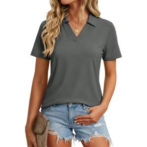 image:imageMAGCOMSEN Womens Polo Shirts Short Sleeve V Neck Collared Golf Shirts UPF 50 Quick Dry Work Casual Summer TopsDarkgrey