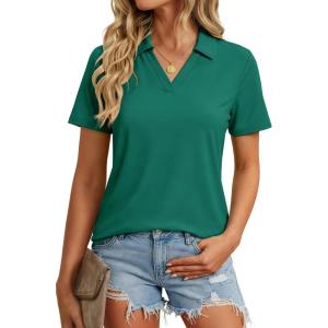 image:imageMAGCOMSEN Womens Polo Shirts Short Sleeve V Neck Collared Golf Shirts UPF 50 Quick Dry Work Casual Summer TopsEmeraldgreen
