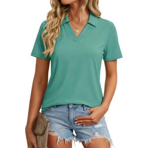 image:imageMAGCOMSEN Womens Polo Shirts Short Sleeve V Neck Collared Golf Shirts UPF 50 Quick Dry Work Casual Summer TopsGreygreen
