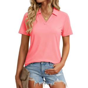 image:imageMAGCOMSEN Womens Polo Shirts Short Sleeve V Neck Collared Golf Shirts UPF 50 Quick Dry Work Casual Summer TopsPink