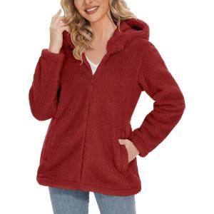 image:imageMAGCOMSEN Womens Sherpa Jacket Zip Up Hoodie Fuzzy Teddy Coat with Zipper Pockets Lightweight Fleece Lined Warm Winter Coat