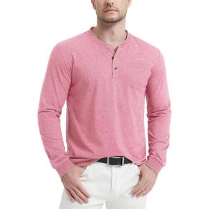 image:imageMAGCOMSEN Long Sleeve Cotton Shirt for Men Henley Shirts Summer Casual Shirt with Pocket Three Button Placket Fall Tshirts Grey PinkM