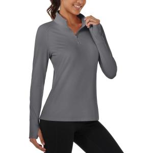 image:imageMAGCOMSEN Quarter Zip Pullover Women Fleece Shirt Thermal Long Sleeve Athletic Running Tops Thumb HoleDark Grey