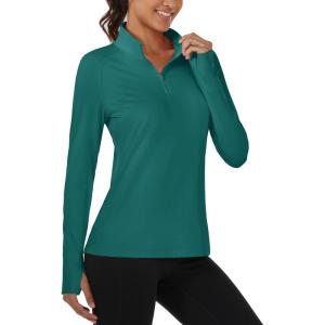 image:imageMAGCOMSEN Quarter Zip Pullover Women Fleece Shirt Thermal Long Sleeve Athletic Running Tops Thumb HoleEmerald Green