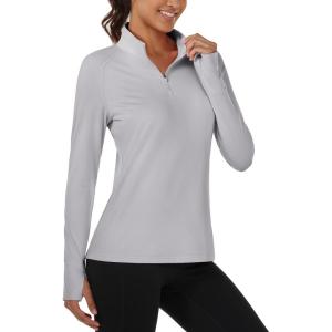 image:imageMAGCOMSEN Quarter Zip Pullover Women Fleece Shirt Thermal Long Sleeve Athletic Running Tops Thumb HoleLight Grey