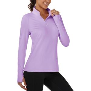 image:imageMAGCOMSEN Quarter Zip Pullover Women Fleece Shirt Thermal Long Sleeve Athletic Running Tops Thumb HoleLight Purple