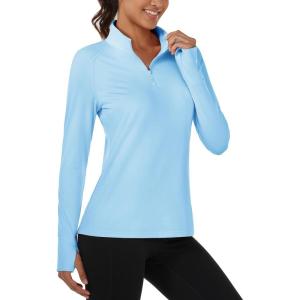 image:imageMAGCOMSEN Quarter Zip Pullover Women Fleece Shirt Thermal Long Sleeve Athletic Running Tops Thumb HoleLight Sky Blue