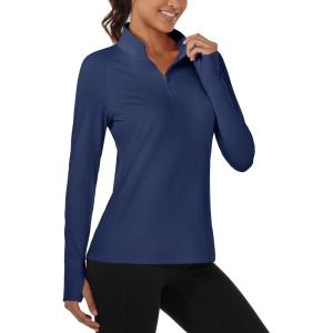 image:imageMAGCOMSEN Quarter Zip Pullover Women Fleece Shirt Thermal Long Sleeve Athletic Running Tops Thumb HoleNavy