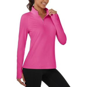 image:imageMAGCOMSEN Quarter Zip Pullover Women Fleece Shirt Thermal Long Sleeve Athletic Running Tops Thumb HoleRose Red