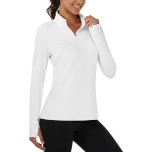 image:imageMAGCOMSEN Quarter Zip Pullover Women Fleece Shirt Thermal Long Sleeve Athletic Running Tops Thumb HoleWhite
