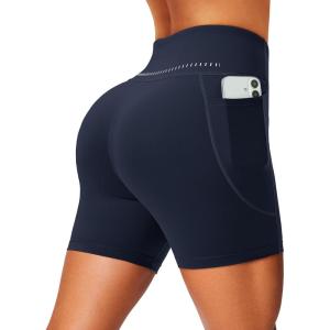 image:imageMAGCOMSEN Womens Biker Shorts 5 Pockets No Front Seam High Waisted Tummy Control Yoga Gym Workout ShortsNavy