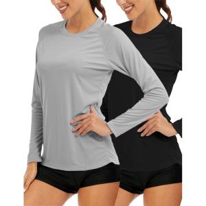image:imageMAGCOMSEN Womens Long Sleeve Shirts UPF 50 Sun Protection Quick Dry Swim Shirt for Rash Guard Fishing Workout 2 Pack2 Packblack lgray