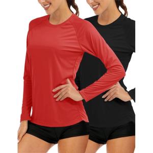 image:imageMAGCOMSEN Womens Long Sleeve Shirts UPF 50 Sun Protection Quick Dry Swim Shirt for Rash Guard Fishing Workout 2 Pack2 Packblack tomato Red