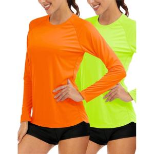image:imageMAGCOMSEN Womens Long Sleeve Shirts UPF 50 Sun Protection Quick Dry Swim Shirt for Rash Guard Fishing Workout 2 Pack2 Packfluorescent Green fluorescent Orange