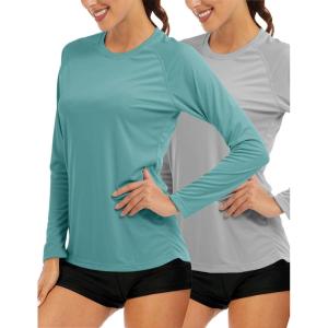 image:imageMAGCOMSEN Womens Long Sleeve Shirts UPF 50 Sun Protection Quick Dry Swim Shirt for Rash Guard Fishing Workout 2 Pack2 Packlight Grey greygreen