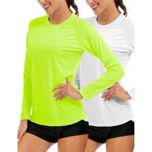 image:imageMAGCOMSEN Womens Long Sleeve Shirts UPF 50 Sun Protection Quick Dry Swim Shirt for Rash Guard Fishing Workout 2 Pack2 Packwhite fluorescent Green