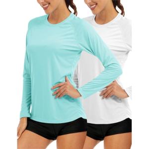 image:imageMAGCOMSEN Womens Long Sleeve Shirts UPF 50 Sun Protection Quick Dry Swim Shirt for Rash Guard Fishing Workout 2 Pack2 Packwhite light Blue