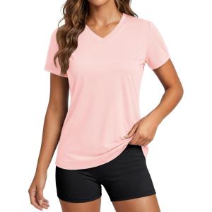 image:imageMAGCOMSEN Womens Workout Tops Short Sleeve UPF 50 Athletic Shirts Quick Dry VNeck TShirt Moisture Wicking Gym Tee02light Pink