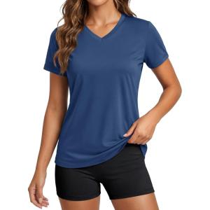 image:imageMAGCOMSEN Womens Workout Tops Short Sleeve UPF 50 Athletic Shirts Quick Dry VNeck TShirt Moisture Wicking Gym TeeBlue Grey