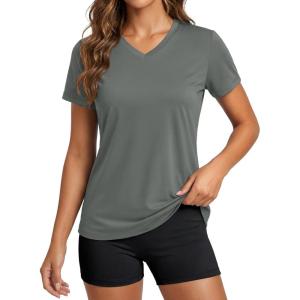 image:imageMAGCOMSEN Womens Workout Tops Short Sleeve UPF 50 Athletic Shirts Quick Dry VNeck TShirt Moisture Wicking Gym TeeDark Grey